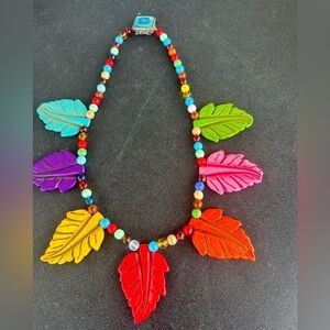Large Colorful chunky Leaf boho necklace Sterling Clasp